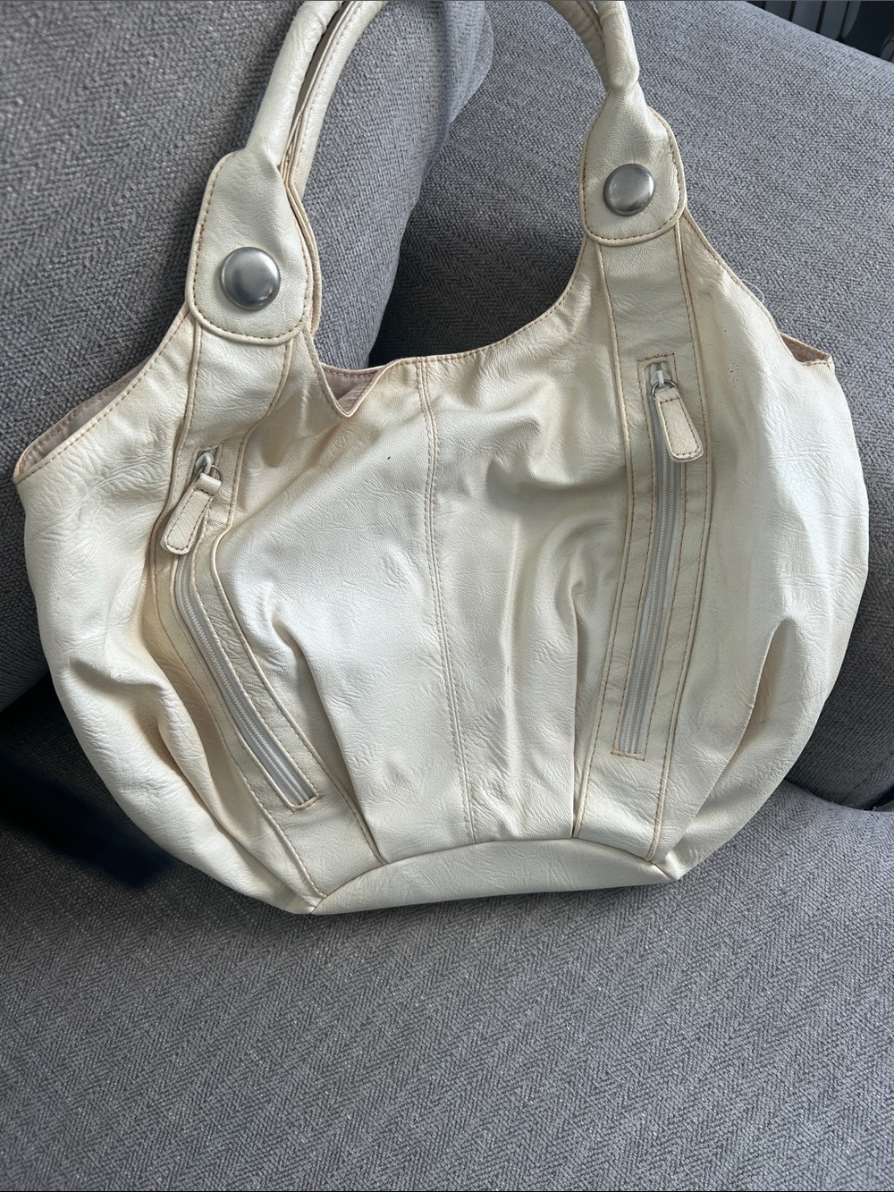 Cream Leather Tote Bag with Double Handles